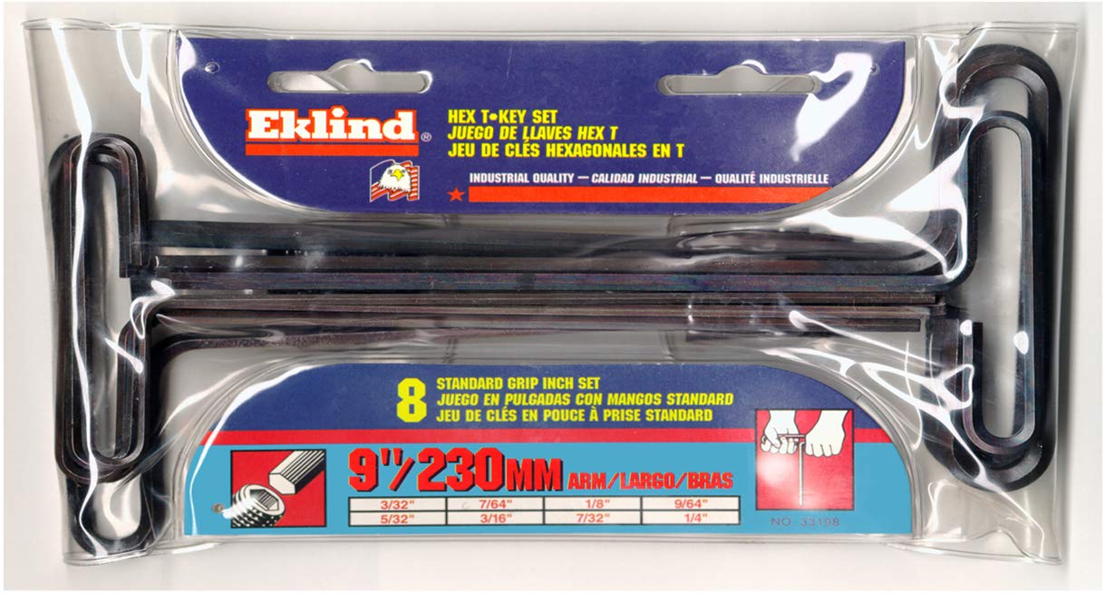EKLIND 33198 Std Grip Hex T-Key allen wrench - 8pc set SAE Inch Sizes 3/32-1/4 9in series