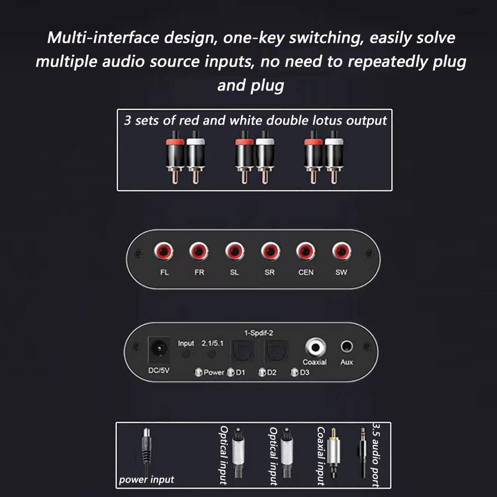 Décodeur Audio, décodeur Audio Dolby DTS/AC3, tête de Lotus RCA Optique numérique vers analogique RCA 5.1ch SPDIF, convertisseur Audio Compatible RCA L/R + Prise 3,5 mm