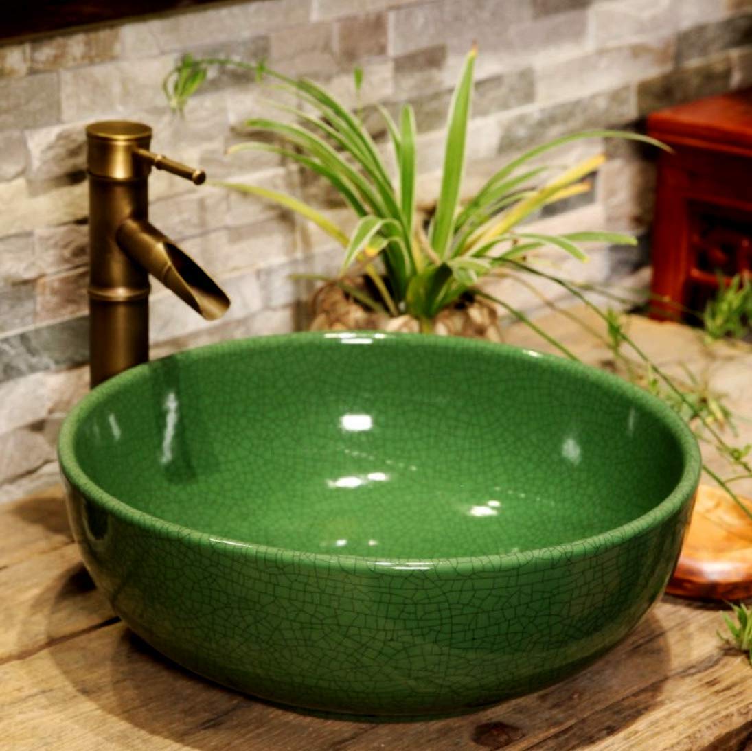 Crackle Effect Glaze Bathroom Cloakroom Ceramic Counter Top Basin Sink Wash Bowl Kasbah Painted Patterned Round Ceramic Washing Basin Sink Craft Handmade 350 mm, 300 mm (35cm, Green)