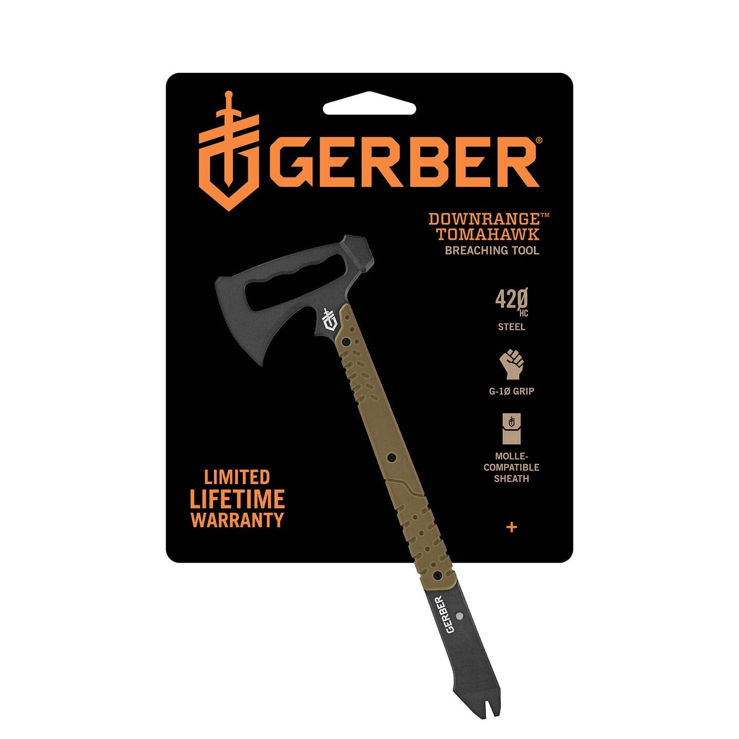 Gerber Outdoor Axe, Downrange Tomahawk, con Testa di Martello e Piede di Porco, Fondina Inclusa, Compatibile Molle, Materiale: Acciaio 420Hc, Lunghezza: 48,9 Cm, Peso: 862 G (Senza Fondina), 30-000715