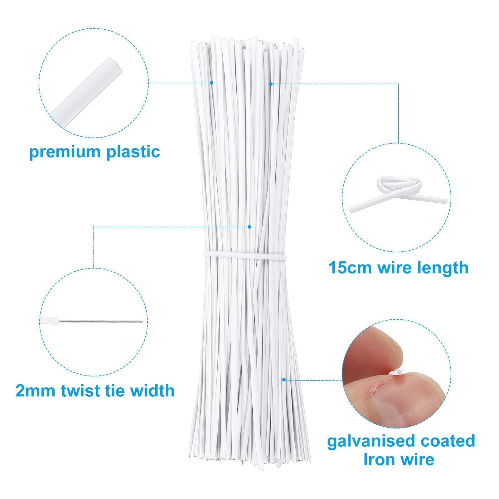 PATIKIL Plastic Twist Ties, 300 Pcs 6 Inch Reusable Cable Ties, 0.08 Inch Wide Bag Coated Ties for Household and Office Use White - Image 3