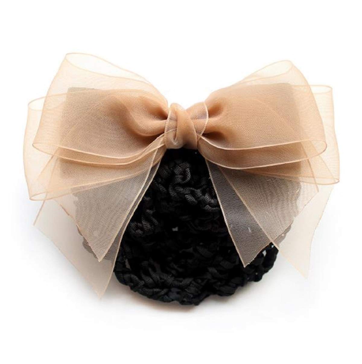 Acvip Women's Khaki&Crochet Hairnet Sheer Fabrics Bowknot Barrette Hair Clip With Snood Net (Khaki&Crochet Hairnet)