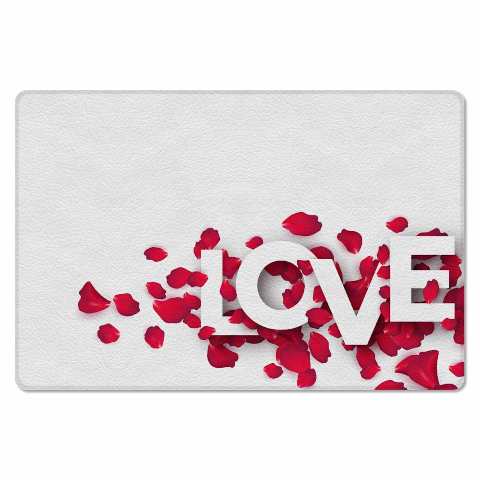 Valentine's Rose Love Kitchen Bath Door Mat Cushioned Runner Rug,Washable Welcome Floor Sink Antifatigue Mat,Waterproof & Non-Slip Comfort Standing Doormat,Spring Red Flower Simple White 18