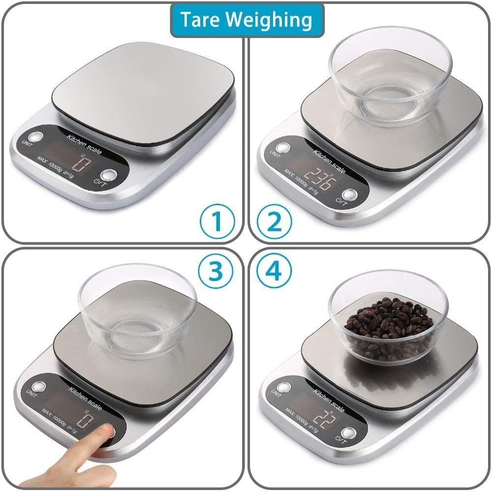 Báscula de Cocina Digital, 10 kg/1 g, electrónica, para Hornear y cocinar, con Pantalla LCD, Color Plateado, de Acero Inoxidable, función de Tara, 4 Unidades