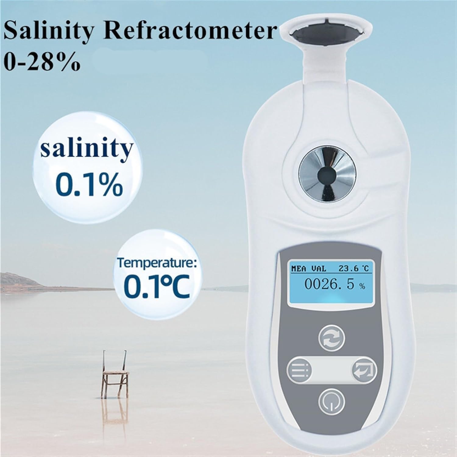 Medidor de salinidad para piscina y procesamiento de alimentos, medidor electrónico de sal con pantalla LCD, mide 0-28% de salinidad, visualización rápida de resultados de 3 segundos