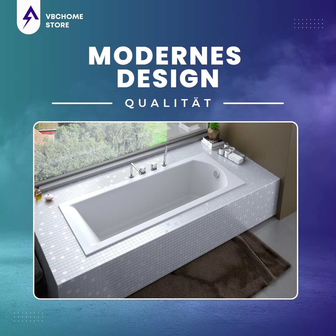 VBChome Bañera acrílica 140x70 cm, bañera rectangular blanca, sifón, patas de baño, diseño moderno, grifo de desagüe en cromo