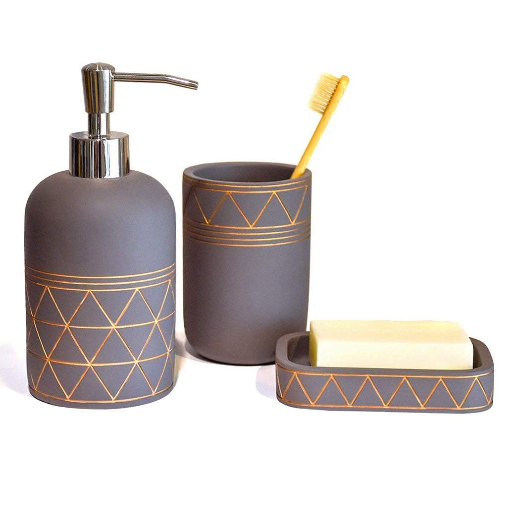 Bathroom Accessories Set 3 Piece Bath Ensemble Includes Soap Dispenser, Toothbrush Holder, Soap Dish for Decorative Countertop and Housewarming Gift