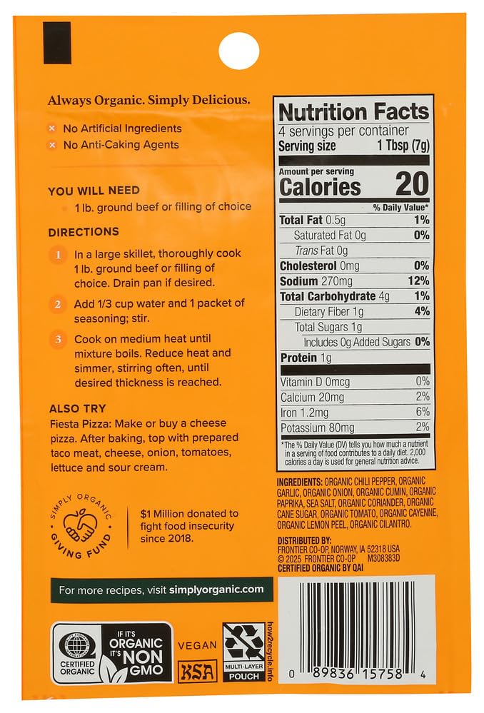 Image of Simply Organic Mild Taco Seasoning Mix, Gluten Free, Certified Organic, Kosher, Vegetarian, Pure Flavor for Tacos, Stir-Fries, Mexican Dishes, and More | 1 Ounce (Pack of 1)