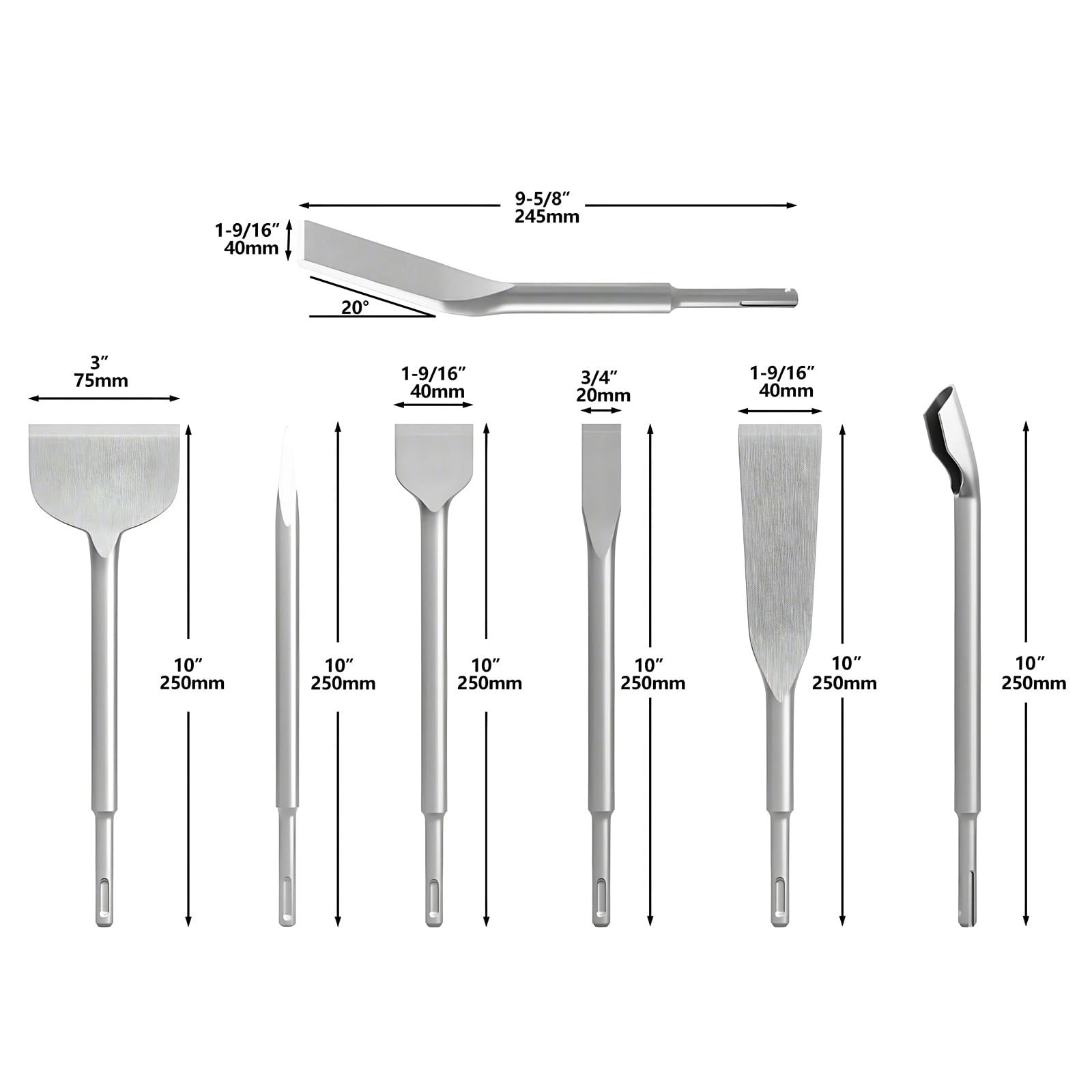 YOUNTHYE Set di 7 scalpelli SDS Plus, tra cui piastrelle, scanalatura, raschiatura, piatta, punta, scalatura e scalpelli angolati per martelli a percussione e rotativi