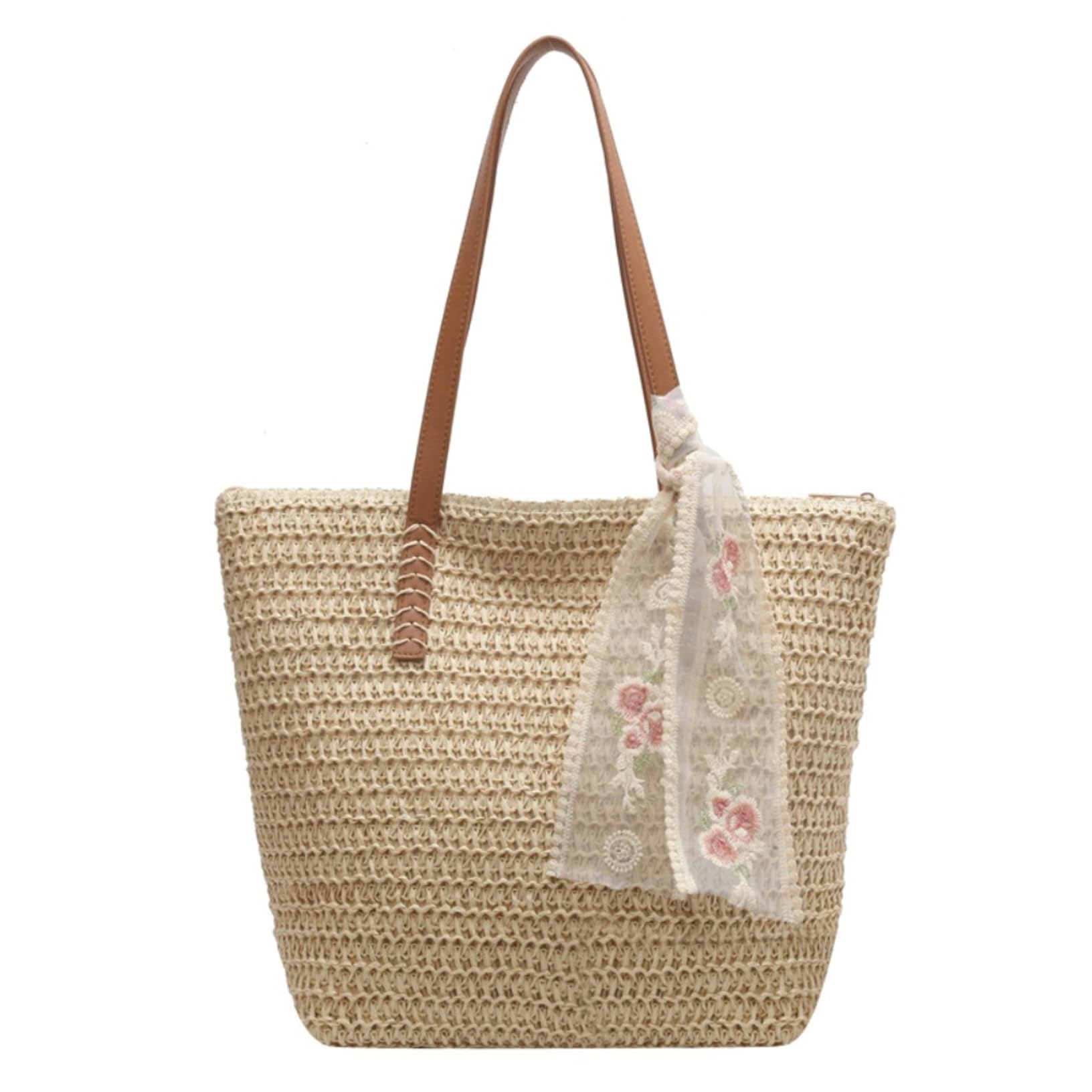 CNAFGBGG Woven Beach Bag Large Capacity Straw Tote Bag Smooth Zipper Closure Straw Beach with Ribbon Adorn Bags for Women Summer Travel Shopping White..