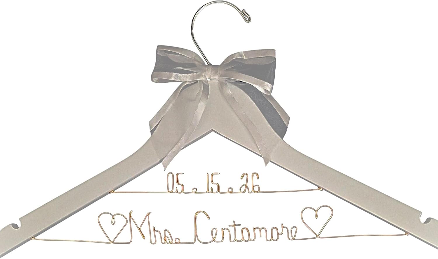 Wedding Hanger for Bride Dress Groom Suit - Custom Personalized Name or Add Date White or Dark Wood Hanger with Notches - Silver or Gold Wire Writing - 9 Bow Colors - Shower Judge Doctor Gift