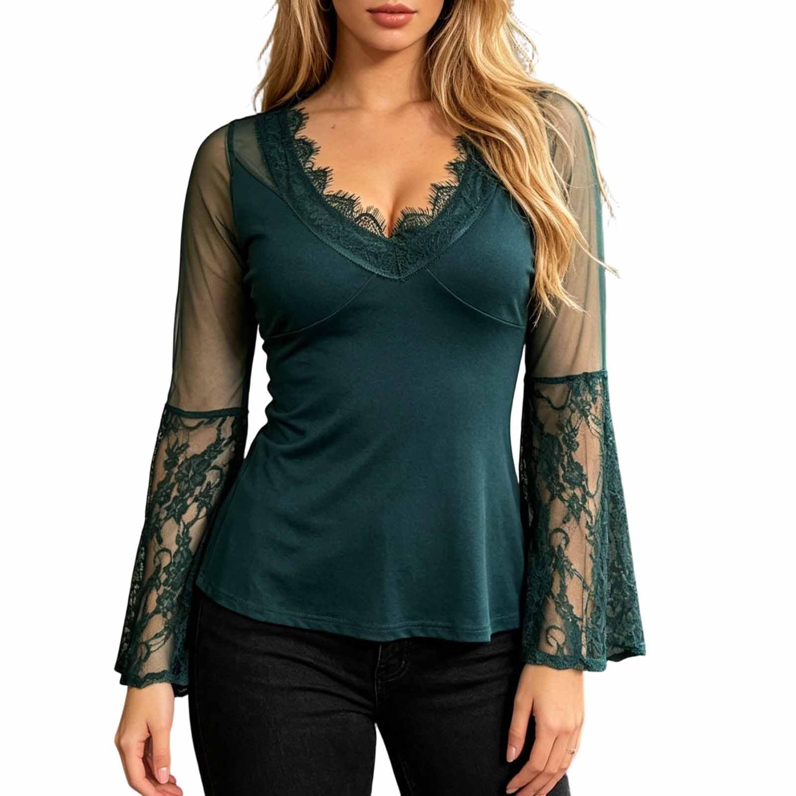T-Shirts et Tops de Sport Femme été Casual Chic Elegant Basic Top Chemisier élégant en Dentelle Transparente et résille Manches Longues Style décontracté en soirée