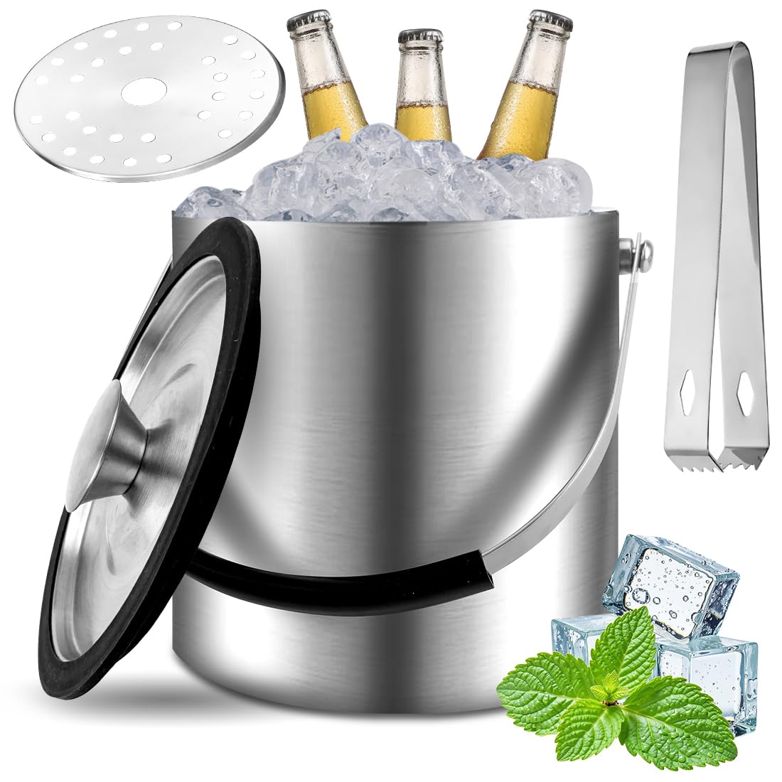 CEWROM Eiswürfelbehälter Edelstahl mit Deckel und Zange, 2.2L Doppelwandig Isoliert Edelstahl Eisbehälter, Premium Eiseimer für Eiswürfel, Ideal zum Kühlen von Bier Champagner Wein