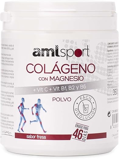 AMLsport Colágeno con magnesio + vit c, b1, b2 y b6, Articulaciones fuertes, Regenerador de tejidos con colágeno hidrolizado tipo 1 y 2, Envase para 46 días, Sabor Fresa, 350 g (Paquete de 1)