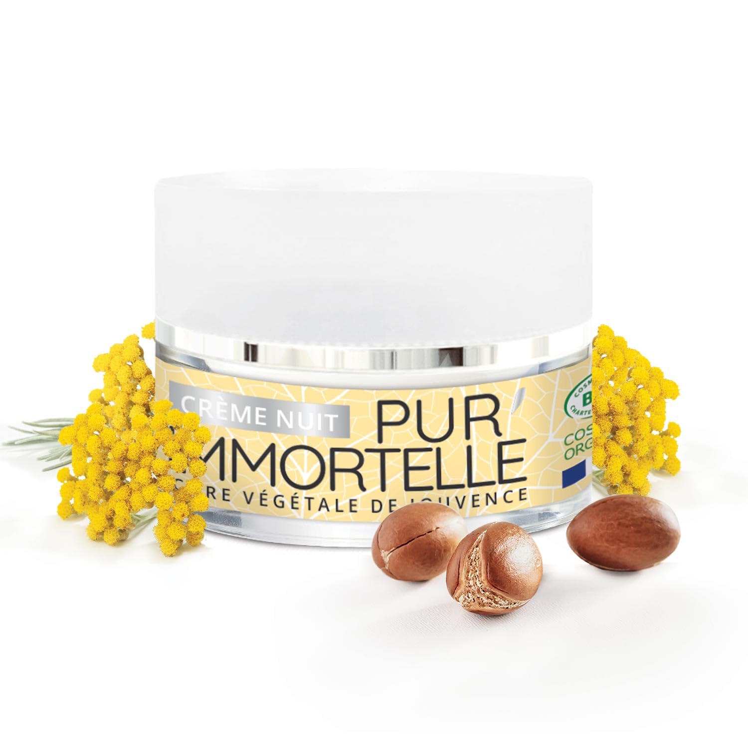 Crème visage Nuit Pur'Immortelle Bio - Soin anti-âge - Immortelle, Acide hyaluronique, Argan, Onagre - 99% d'origine naturelle - Fabriquée en France- 50 ml - PROPOS'NATURE