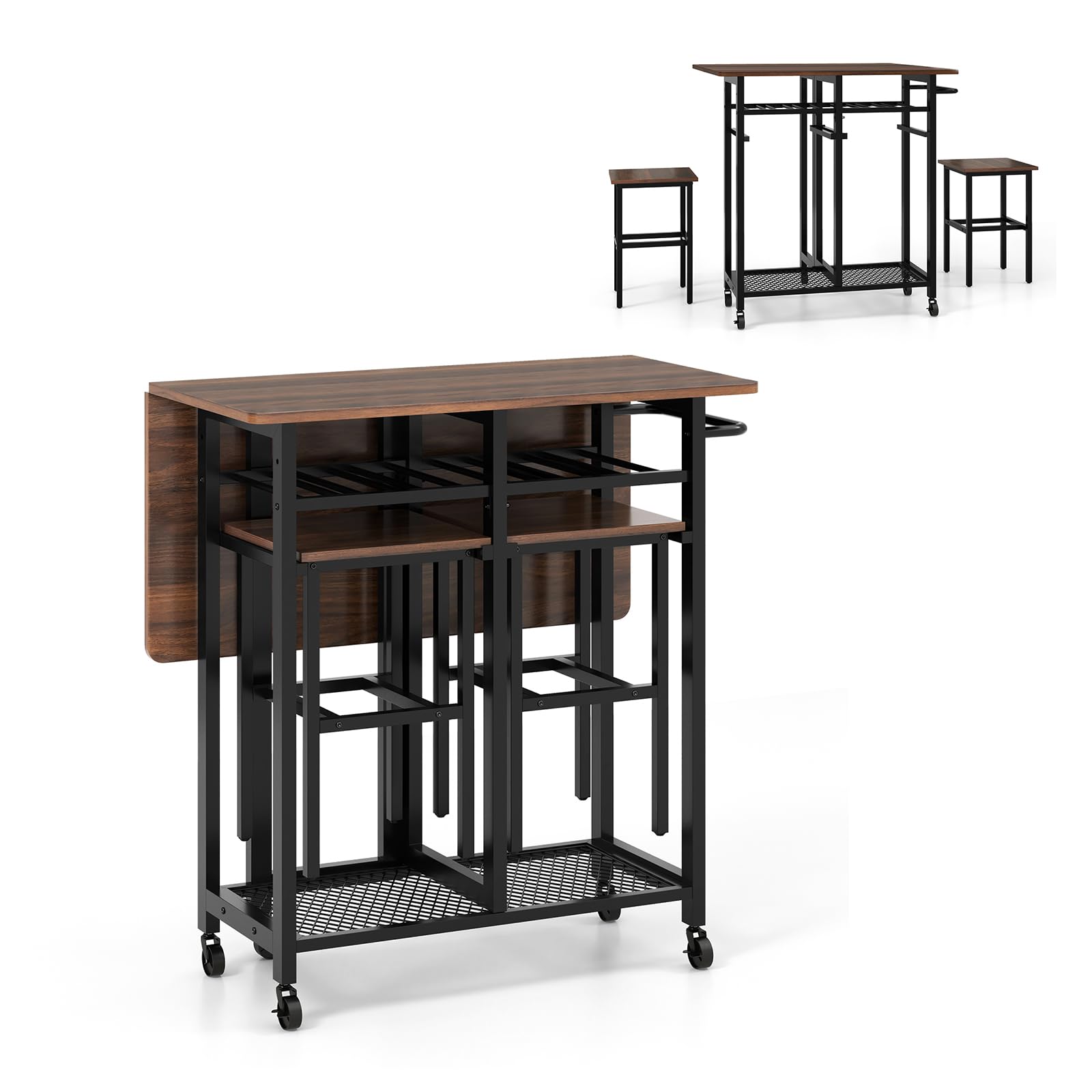 GIANTEX Carrito Móvil con Mesa Extensible de Hoja Abatible, Cuadrada Plegable de 3 Piezas con Estante para Vino, Estante Inferior y Manija de Empuje, 2 Taburetes y Ruedas Bloqueables(Nogal)