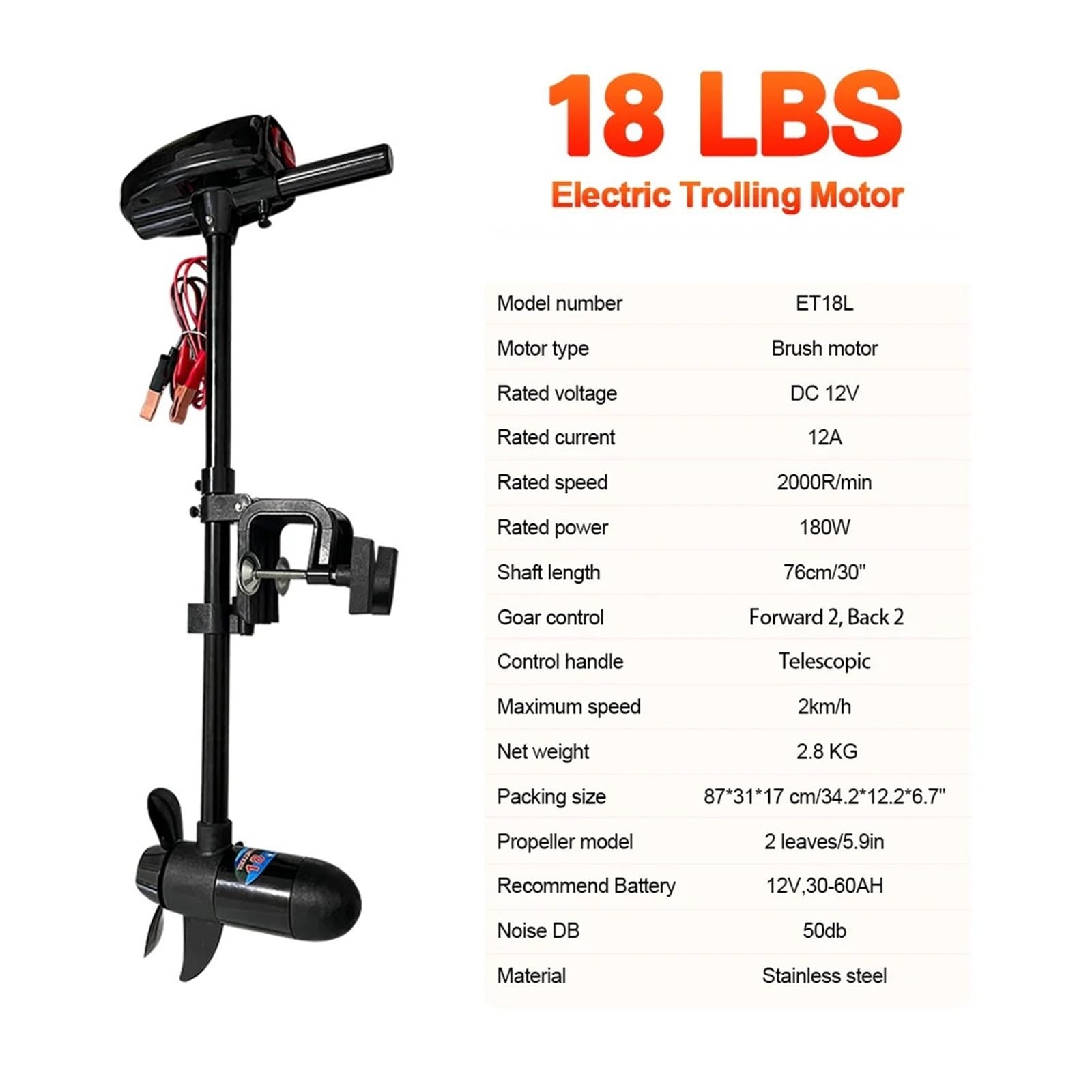 Motor fueraborda, Motor externo eléctrico de pesca con cebo cuchara 18 libras, 180W, tornillos accionados por batería CC