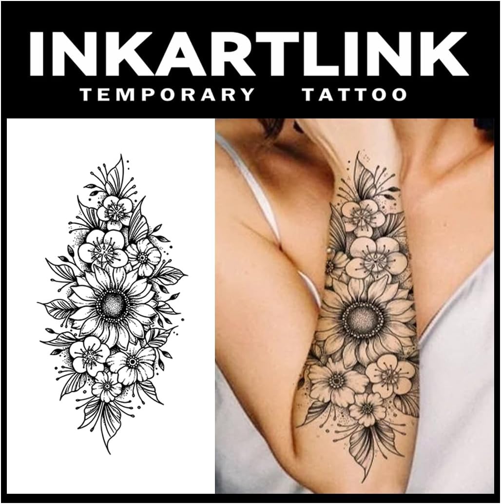 Tattoo Tech, 2 Sheets Extra-Large Semi Permanent Tattoo, Adult Art Design Temporary Tattoos, Lasts 1-2 Weeks, Waterproof, Realistic Look, No Adhesive, No Reflection (Flower Design)