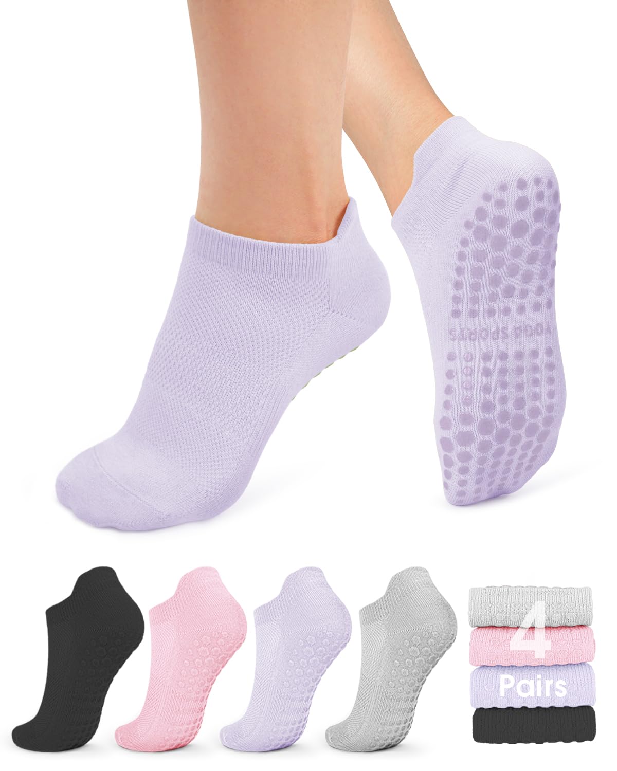 yeuG Pilates Socks for Women Non Slip Grip Socks for Yoga, Barre, Hospital, Barefoot Grippy Yoga Sock Womens Gifts 4 Pairs