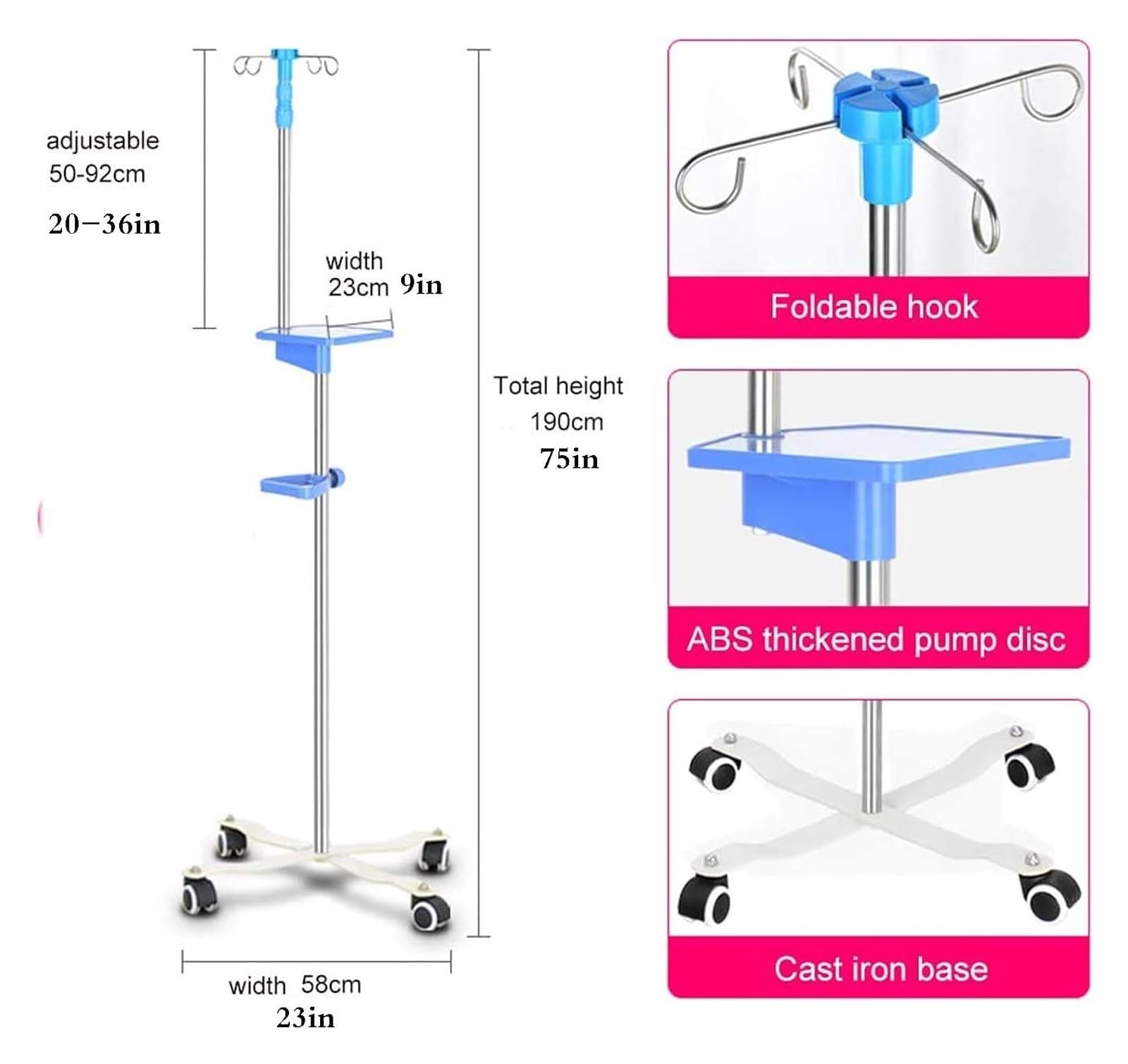 Soporte para Suero con Ruedas, intravenoso Soporte portátil，Ajustable de 4 Ganchos en Acero Inoxidable, para Hospital, Clínica y Uso Doméstico