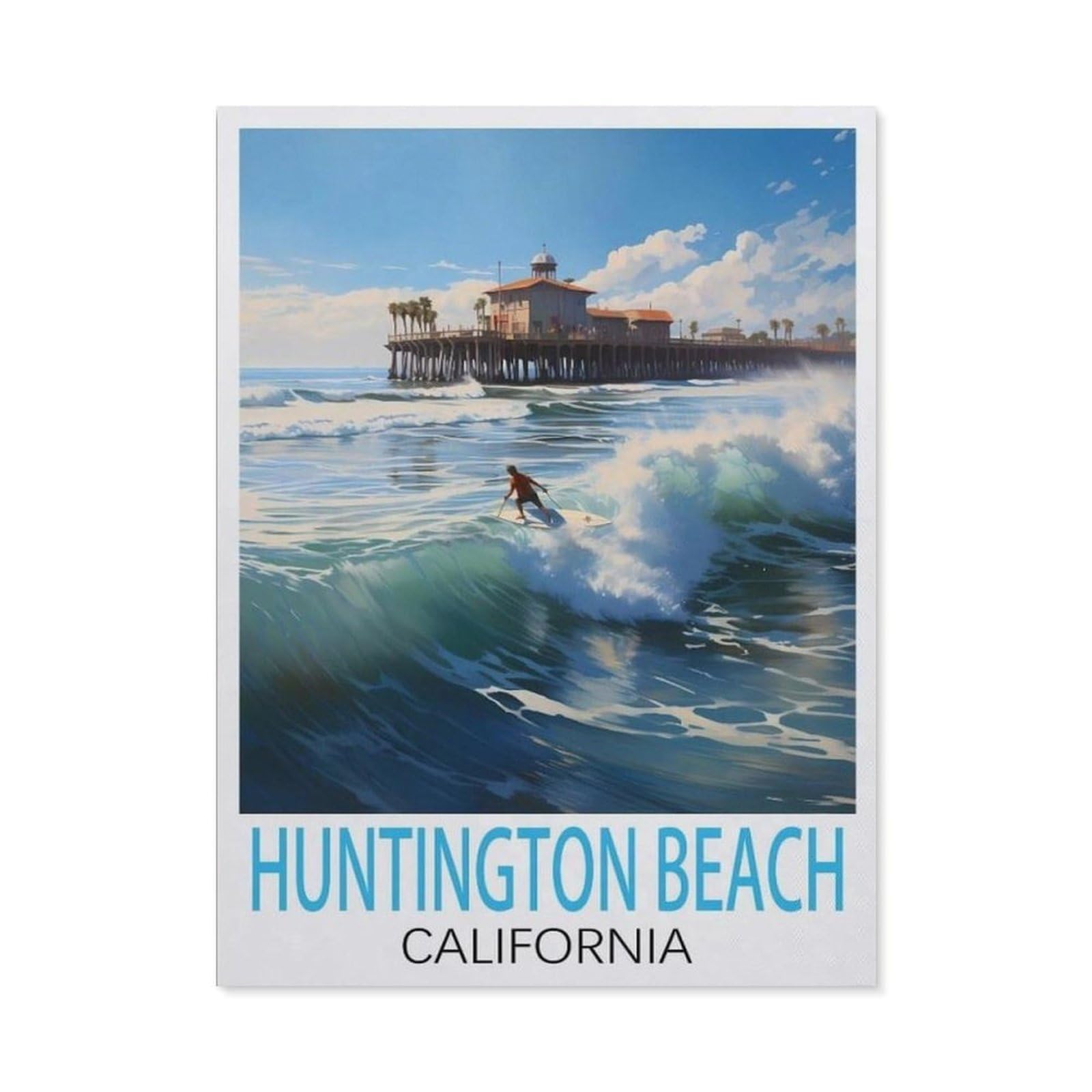 BEAYODKP 5D DIY Diamond Painting，Huntington Beach California Vintage Travel Poster，Art Living Room Wall Decoration Gift（50 x 60 cm/19.68 x 23.62 inches）-BZ33