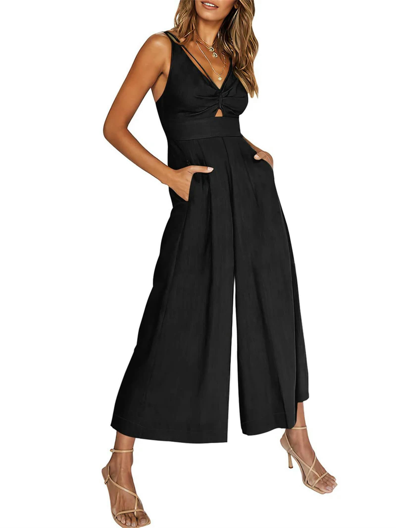 Juketron Mono con pernera ancha para mujer, Sexy, sin espalda, cuello en V, hueco, sin mangas, moda de verano, monos ceñidos lisos con bolsillos, mamelucos ceñidos en la cintura