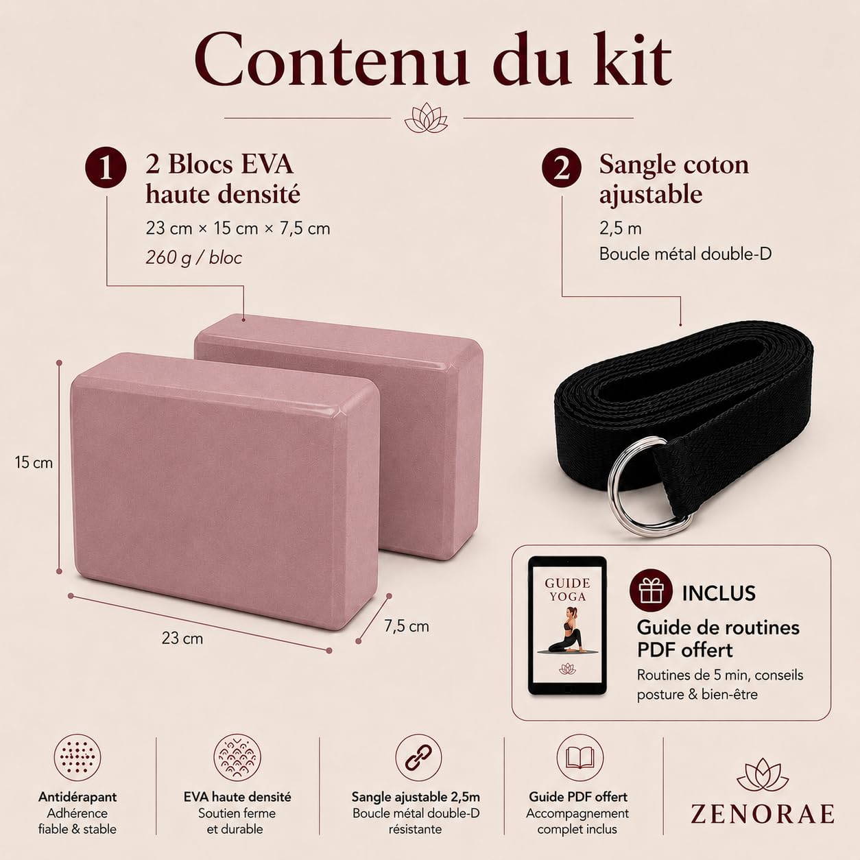 Kit Yoga ZENORAE – 2 Blocs EVA Haute Densité + Sangle Coton 2,5m – Briques Antidérapantes pour Yoga, Pilates, Stretching, Étirements & Fitness