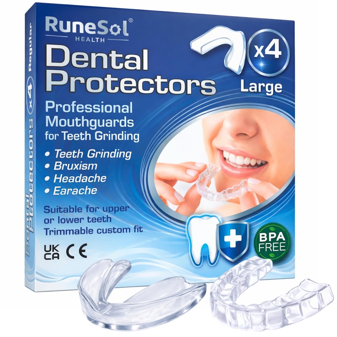 Runesol Ferula Descarga Bruxismo, 4pcs Grande Bruxismo Dental Noche, Sin BPA y Dispositivo Dédico CE Ferula Dental Bruxism, Protector Bucal para Dormir, Bruxism, Roncar, Deporte, Funda Dientes
