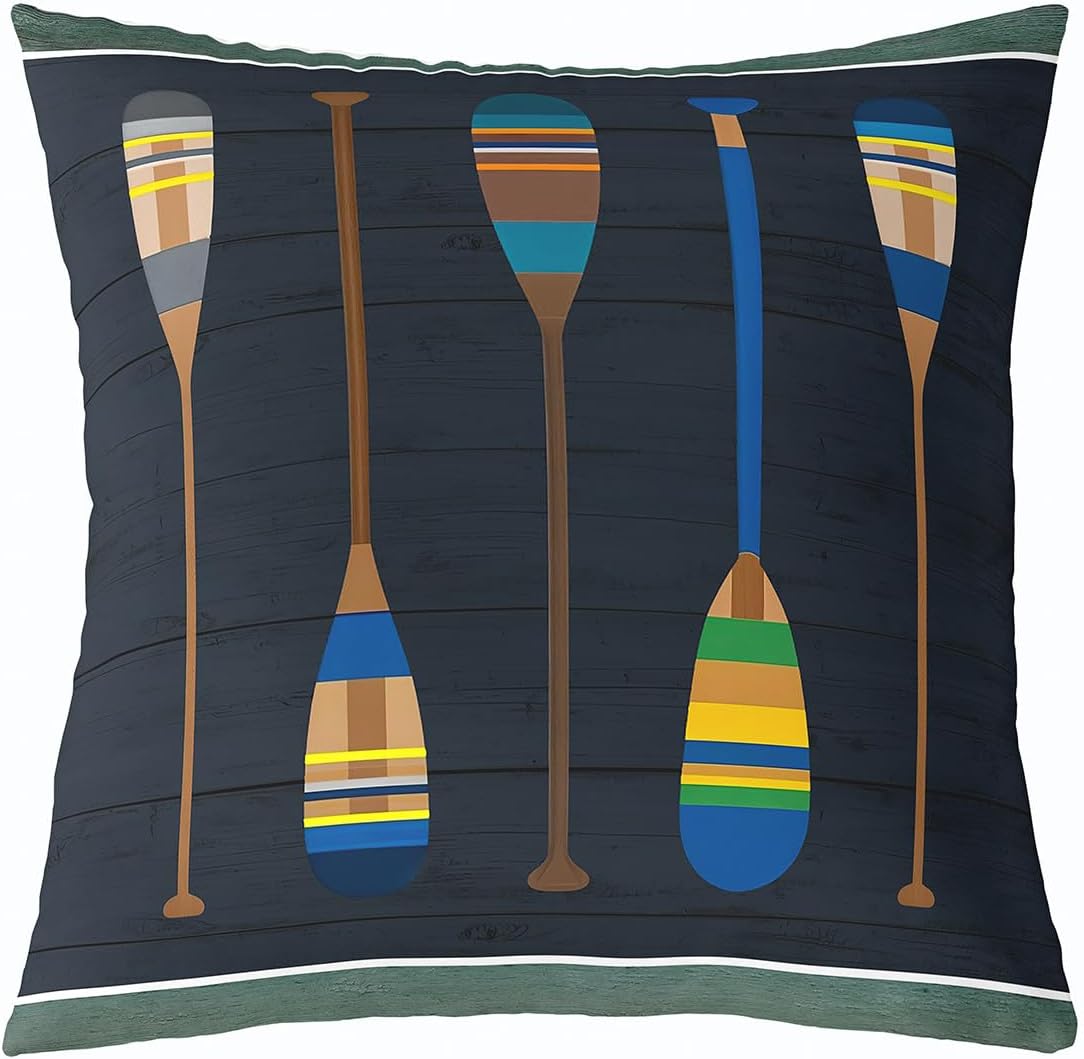 Rustic Nature Lodge Cabin Double Sides Print Pillow Cover,Rowing Boating Oar Print Pillowcase Soft Square Cushion Case 24"x 24",Lake House Dark Blue Barn Door Throw Pillow Covers
