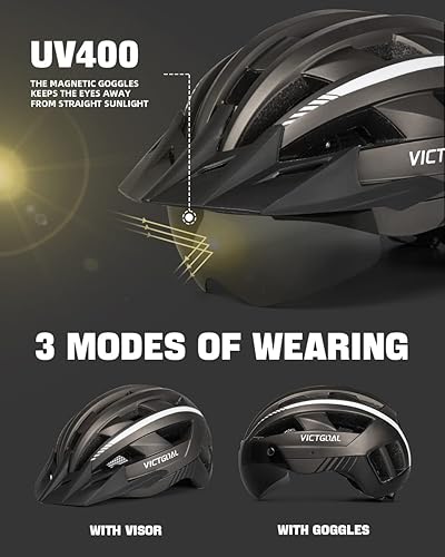Miniatura 38 de VICTGOAL Casco de bicicleta con luz trasera recargable por USB, gafas magnéticas desmontables, visera solar extraíble, cascos de bicicleta de Negro