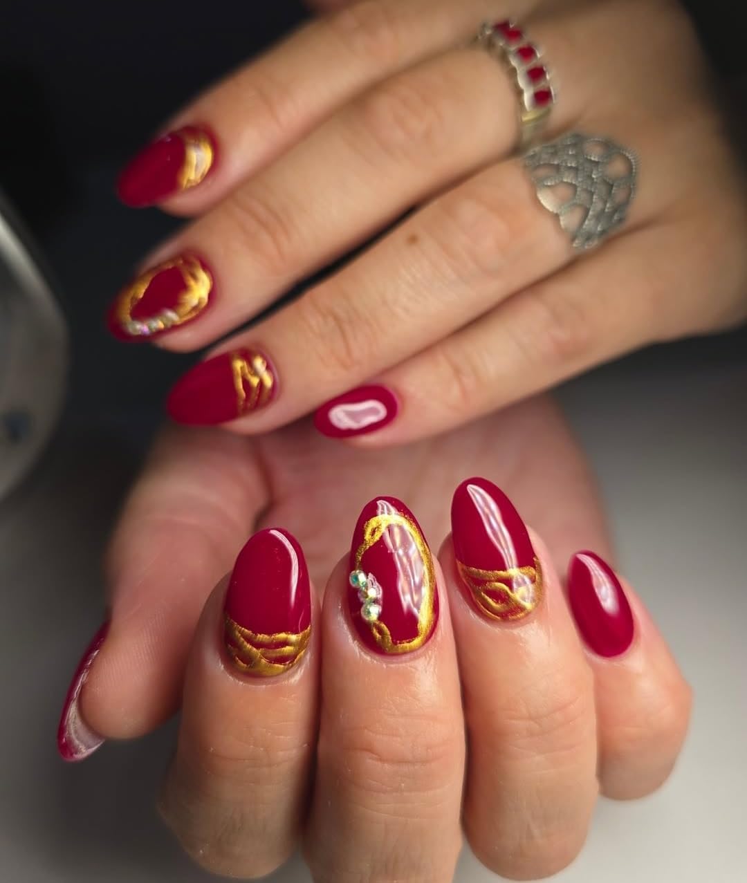 FWS:Artificial Nails:Glossy Red Golden Chrome Shape Oval (Set Of 20)Press On Nails,FakeNails, BridalNails,Stick-On Nails,Manicure Art Set, Gel Stickers, Glue Extensions, Acrylics,Polygel False Nails,DesignerNails-picture-22