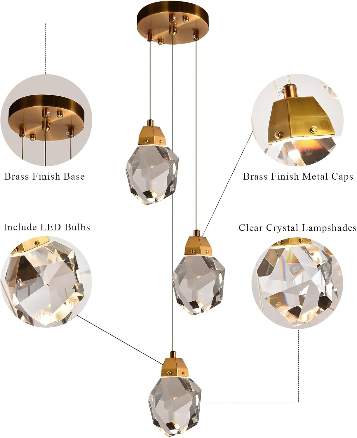 Modern Crystal Chandeliers, Round Dimmable Pendant Lighting, Brass Raindrop Hanging Light Fixtures for Dining Room Kitchen Island Bedroom Living Room Farmhouse (3 Lights - Round)