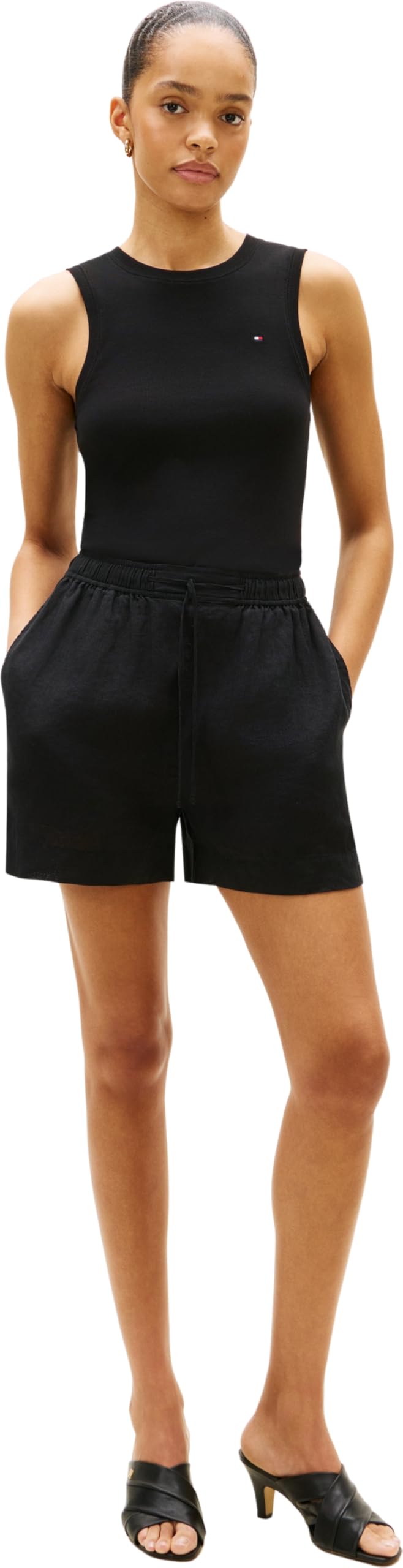 Tommy Hilfiger Pantalón Corto Mujer Linen Pull On con Detalles distintivos de la Marca, Negro (Black), M