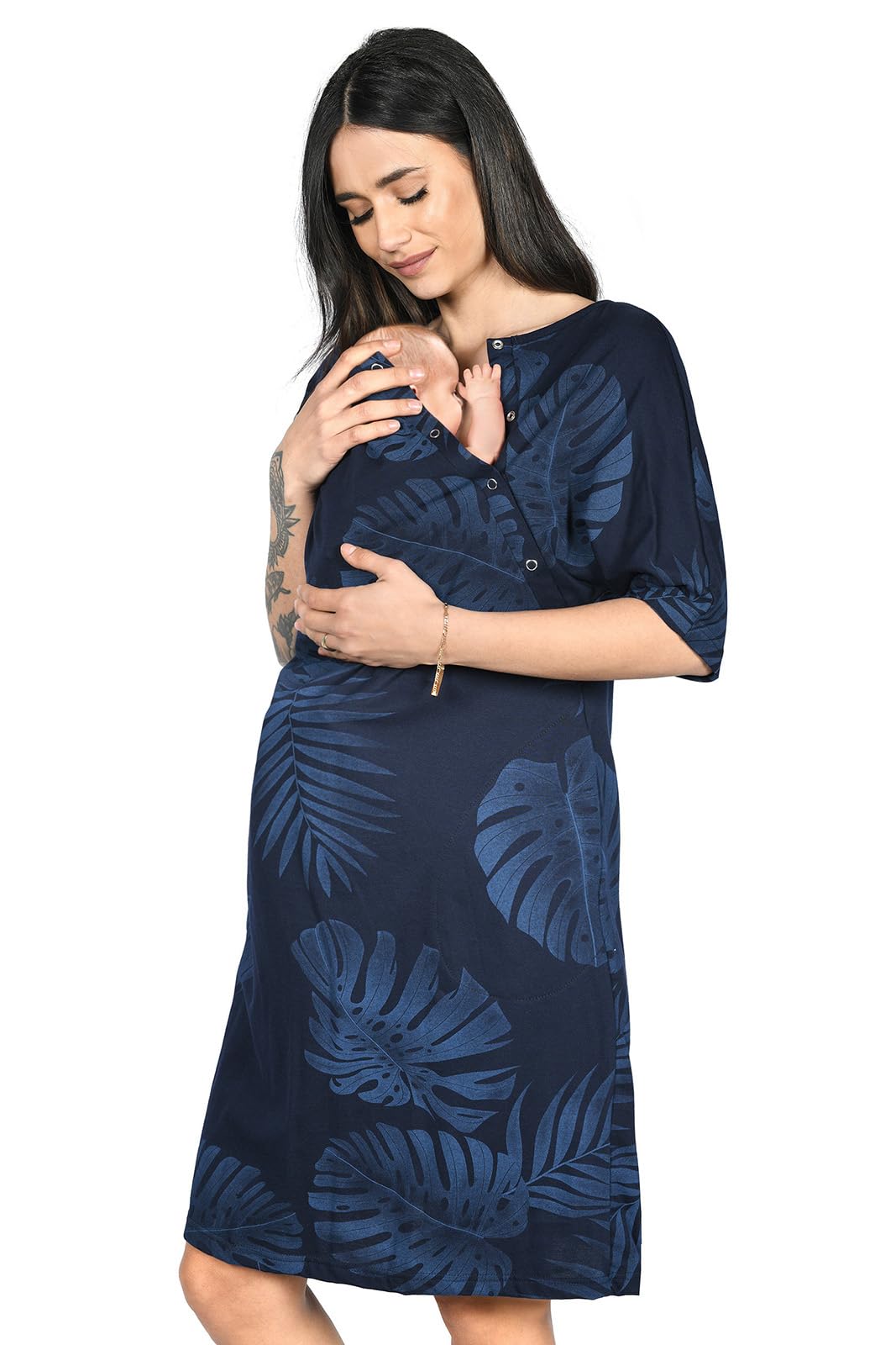MijaCulture Labour Maternity and Nursing Nightdress Delivery Gown 4128 (S, Navy/leaves)