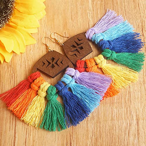 Colorful Rainbow Wooden Tassel Dangle Earrings Lgbtq Accessories Bohemian Hand-Knit Earrings Handmade Exaggeration Weaving Ethnic Drop Earrings For Women Girls Vintage Jewelry Pride Month Gifts-Rainbow #TOP1