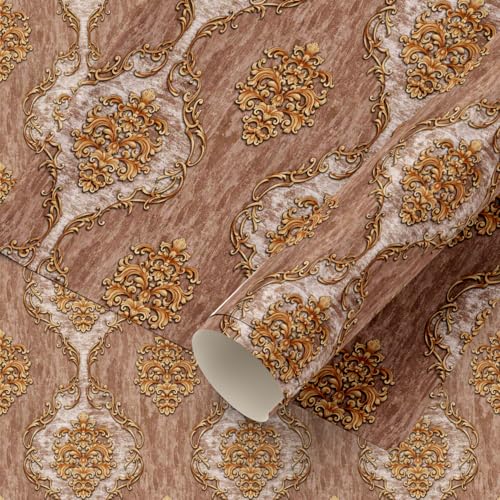 Image of Eurotex Damask Design Wall Paper for Wall Decor Roll for Covering Living Room, Bedroom Walls (Luxury Vinyl Coated 57 sq.ft Roll, Brown)