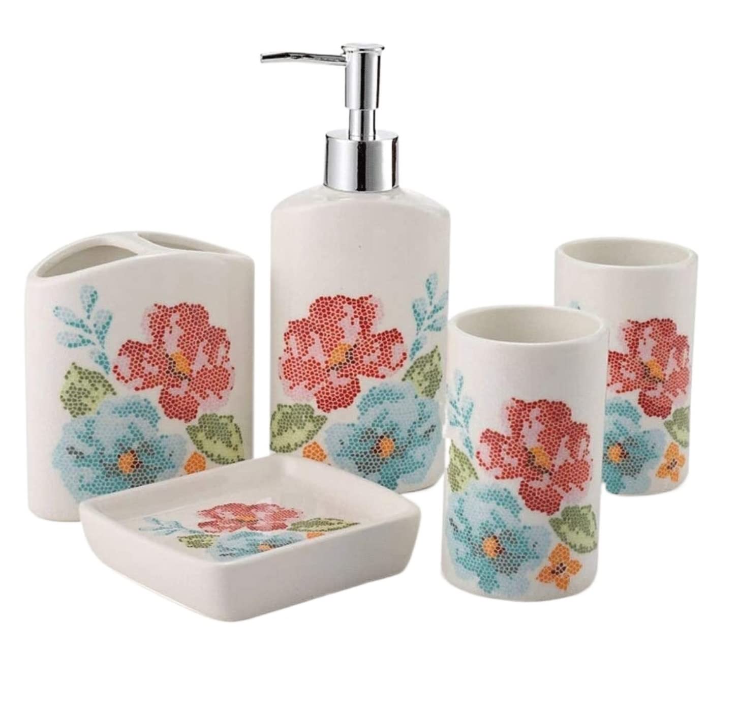 Zestaw 5-częściowych dozowników mydła Ceramic Flower | Łazienka: Zestaw 5-częściowy dozownika mydła w płynie Ceramiczny Kwiat z uchwytem na szczoteczkę do zębów