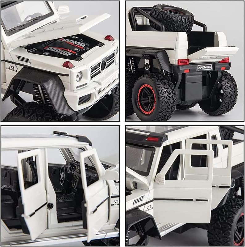 Image of Kids Model 1:24 AMG 6X6 Die Cast Metal Car Pull Back Action Opening Doors with Realistic Engine Sound Lights Toy Car Gift for Boys - White