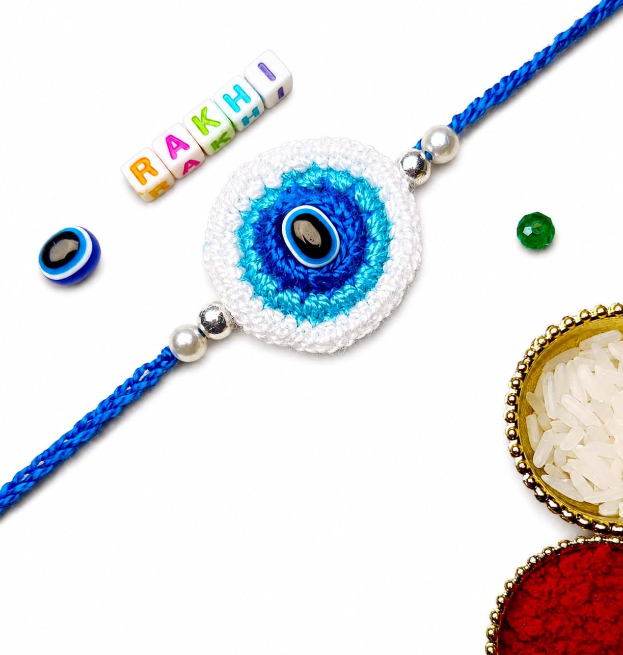 Designer Evil Eye Rakhi For Brother Bhai | Made With Soft Cotton Thread | Crochet Nazar Suraksha Rakhi For Men Brother Bhai | Blue & White Colour | Buy 2 Save 20% | Buy 3 Save 30%-image-24