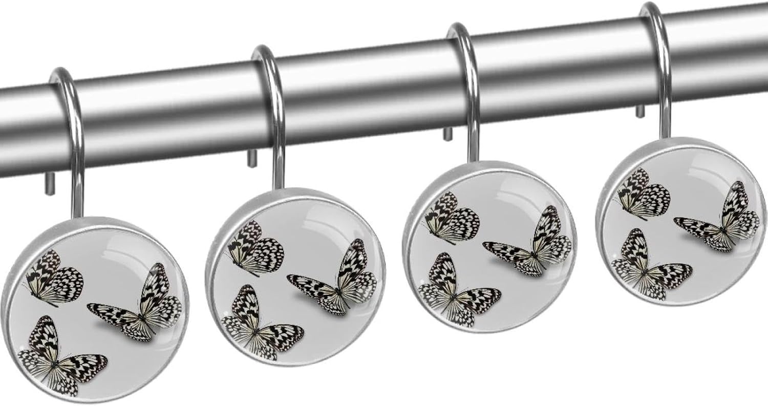 Black Butterfly Shower Curtain Hooks - 12 Pack Decorative Rustproof Rings - Insect Design Bathroom Hardware