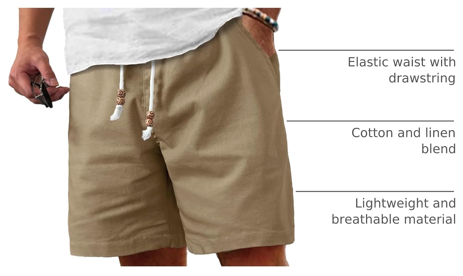  Men's Cotton Linen Casual Shorts | Regular fit, Breathable lightweight, elastic waist with beaded drawstring, ideal for summer beach vacation cruise & golf thumbnail