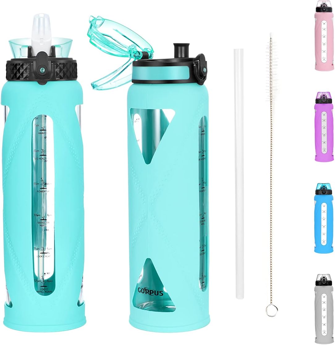 Glass Water Bottles with Straw and Flip Lid, Motivational Water Bottles