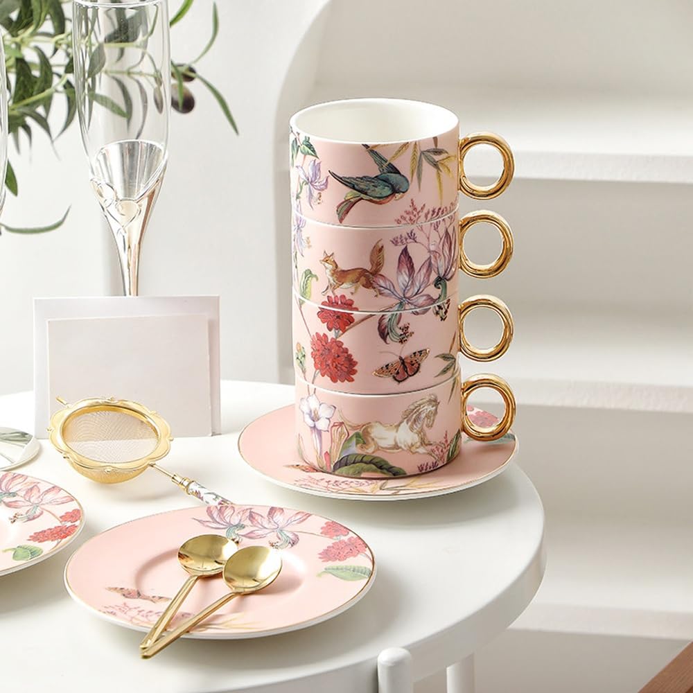 Kaffeetassen und Espressotassen, Keramik-Teetassen-Set, stapelbare Kaffeetassen und Untertassen im 4er-Set