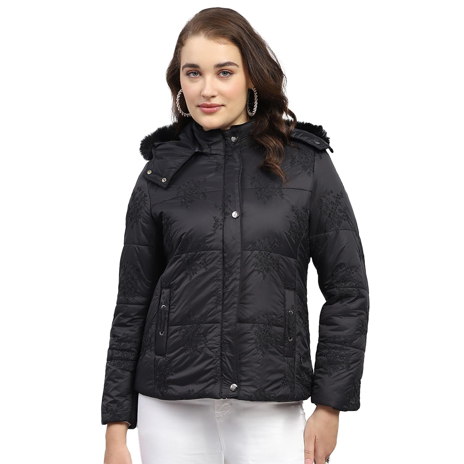 Womens Embroidered Black Detachable Hood Full Sleeve Jacket