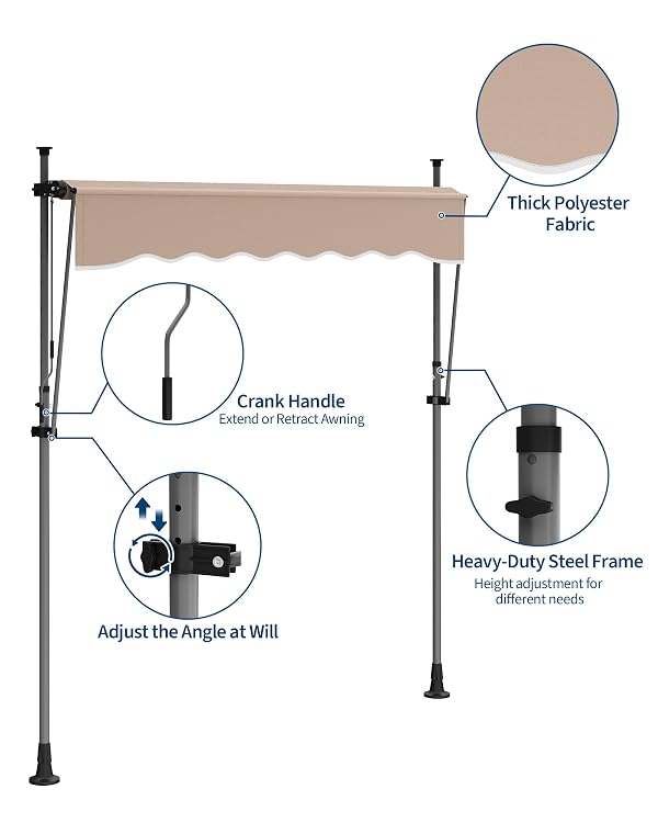 Garvee 118’’ Manual Retractable Awning for Patio, Angle & Height Adjustable Sunsetter Retractable Awning, Exterior Outdoor Sunshade Shelter UV Protection for Any Window or Door (Beige) by Garvee - Used condition - Image 5