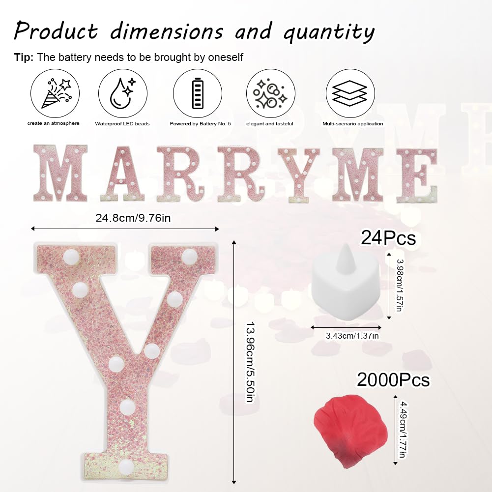 LOMUG Rosa MARRY ME Leuchtbuchstaben als Dekoration für Heiratsanträge, MARRY ME-Schild mit 24 flammenlosen Herzkerzen, 2000 Rosenblättern für Heiratsanträge, romantische Nachtdekoration