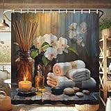 HNBFKD Cortina de Ducha de orquídeas Blancas - Escena de SPA con Toallas y Botellas, poliéster, con Ganchos, decoración Relajante para el baño 90x180cm/(WxH)