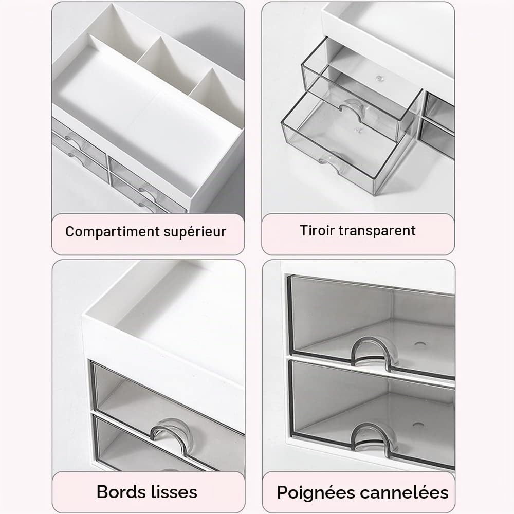 Organiseur de bureau, jolie boîte de rangement de maquillage avec 4 tiroirs et 4 compartiments, organiseur de bureau pour la maison, le bureau et l'école (blanc)