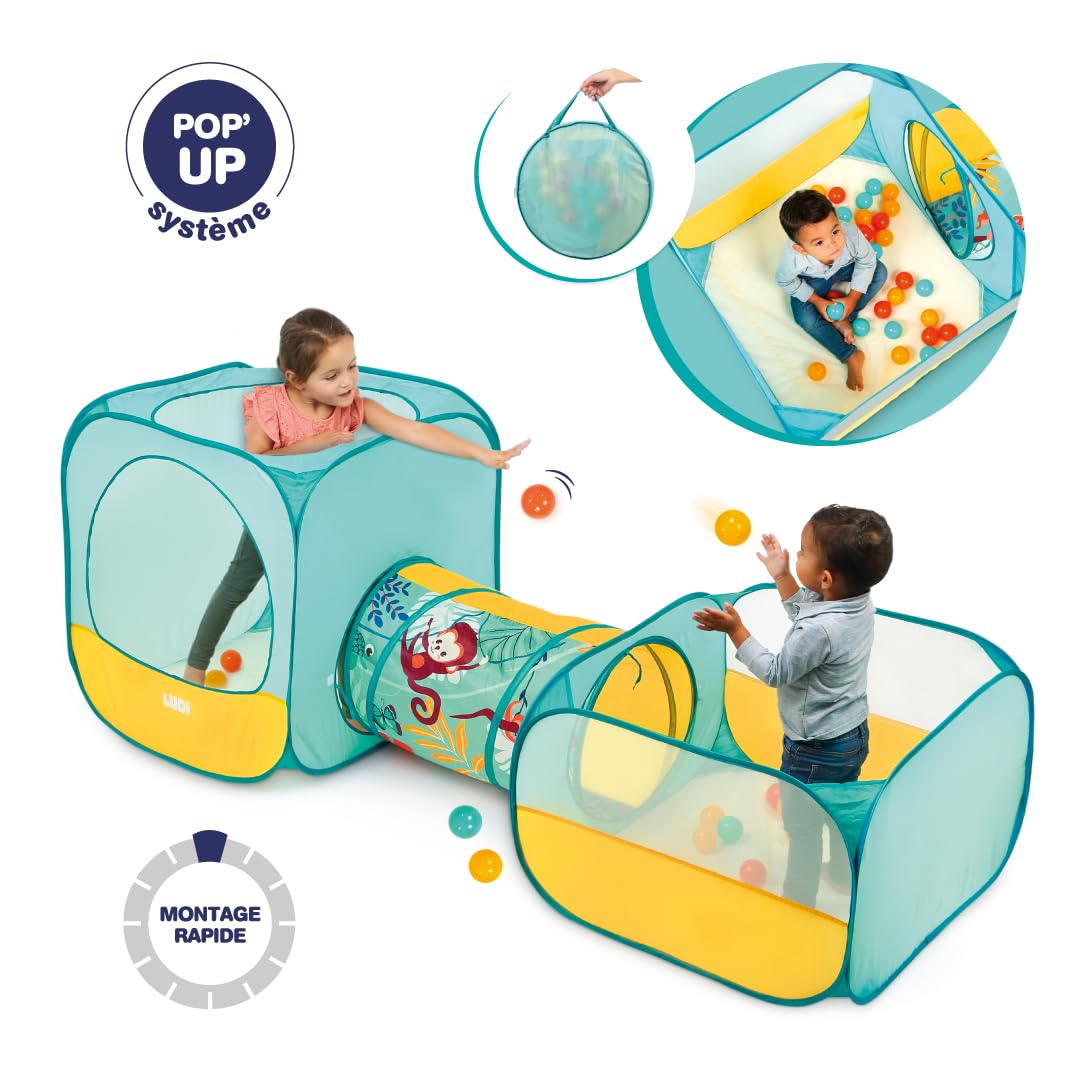 Ludi - Parcours de Jeu Pop-up Jungle - Cube, Tunnel & Aire à Balles - 3 Espaces Amusants - 30 Balles Incluses - Léger et Portable avec Sac de Transport - Stimule Motricité et Imagination
