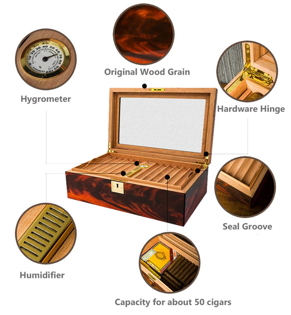 LUBINSKI Cigar Humidor with Humidifier Hygrometer Holds 50 Cigars